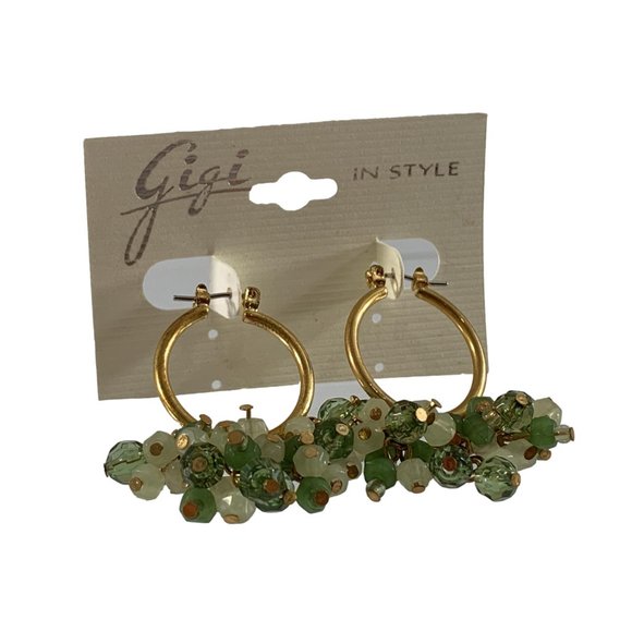 Gigi In Style Gold Tone Earrings Cluster Two Tone Green Beads Hoops 1.75" Long - Picture 5 of 5